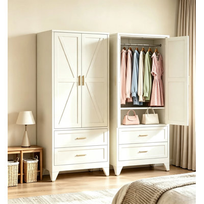 71-Inch Metal Storage Cabinet With Drawers, Large Bedroom Wardrobe, With Shelves And Hanging Rods, Wardrobe Cabinet, With 2 Doors, 1 Adjustable Shelf And Drawer (2 Drawer, White))