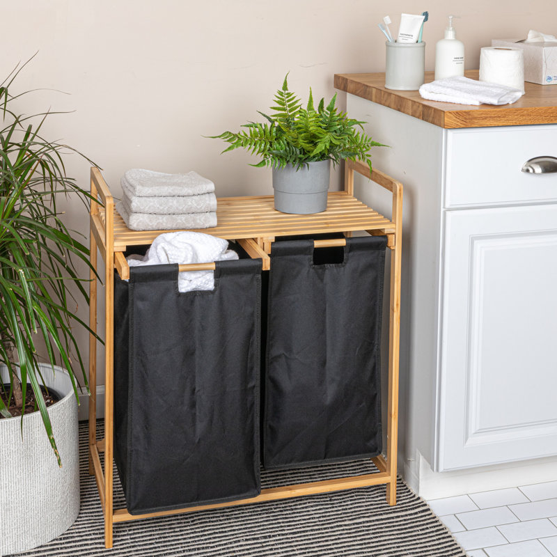 Natural Bamboo and Black Fabric Double Tilt-Out Hamper with Shelf