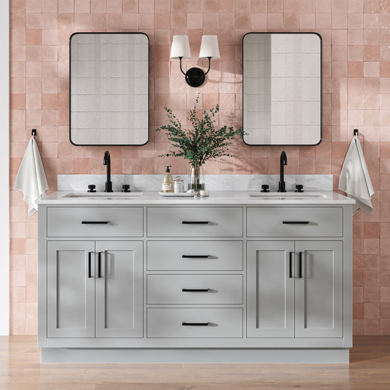 ARIEL HEPBURN 73 IN DOUBLE RECTANGLE SINK VANITY 1,5 IN, Gray, 73", Rectangular
