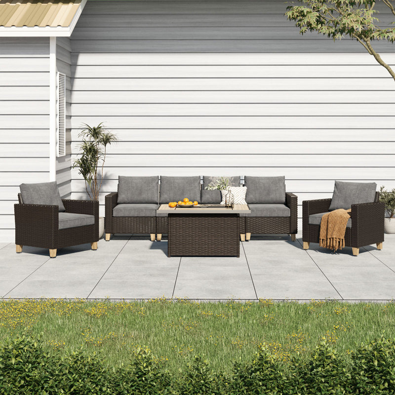 Umeh 7-Pieces Wicker Sofa Seating Group with Fire Pit Table Conversation Set