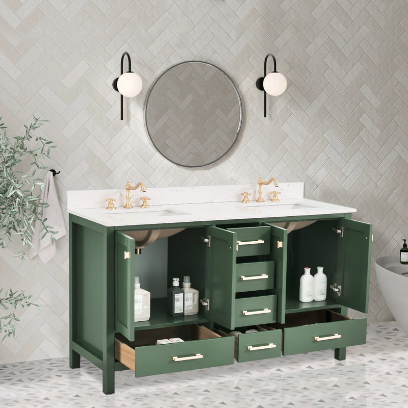 Cholena 60" Bathroom Vanity With Double Sinks, Green, Brushed Gold