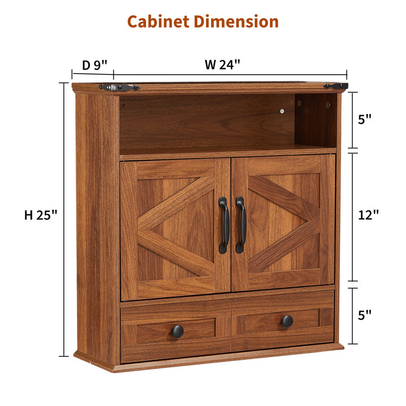 Bathroom Wall Cabinet, Farmhouse Medicine Cabinet, 24" Wide Cabinet with Drawer, Adjustable Shelf, Double Barn Doors, Storage Cabinet for Bathroom, Kitchen, Living Room Brown