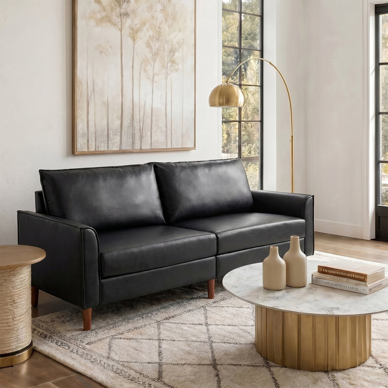 Alpha Mid-Century Modern Faux Leather Sofa With Solid Wood Legs, Black