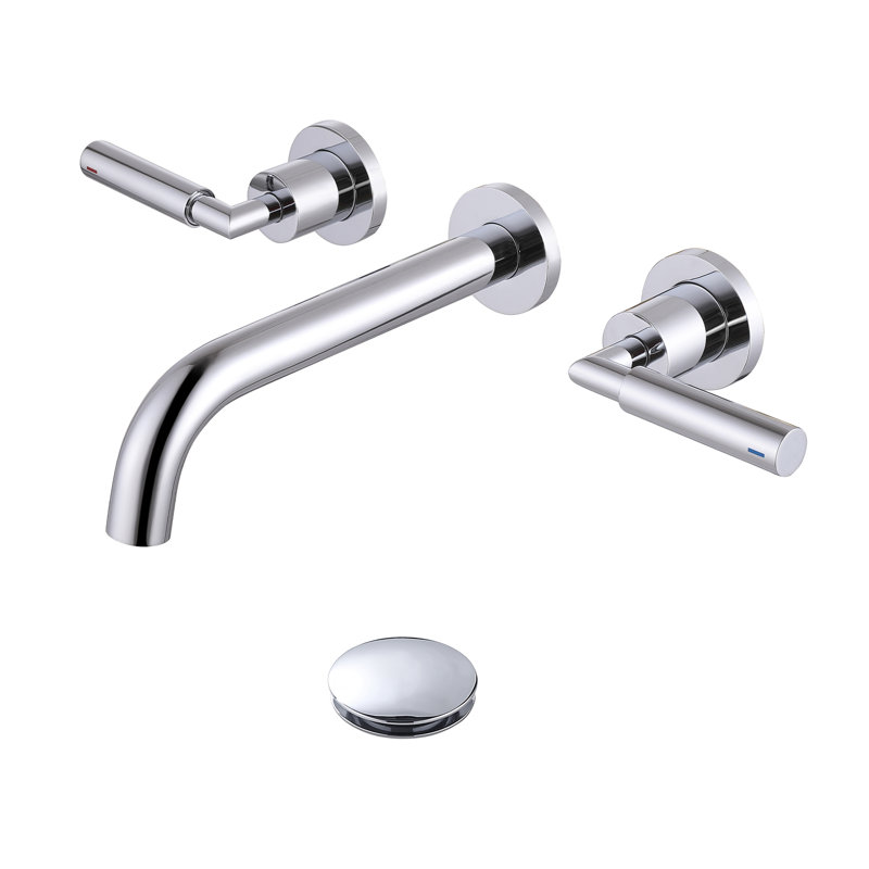 Robinet de lavabo de salle de bain mural moderne à 2 poignées en chrome poli, laiton massif sans plomb avec bonde