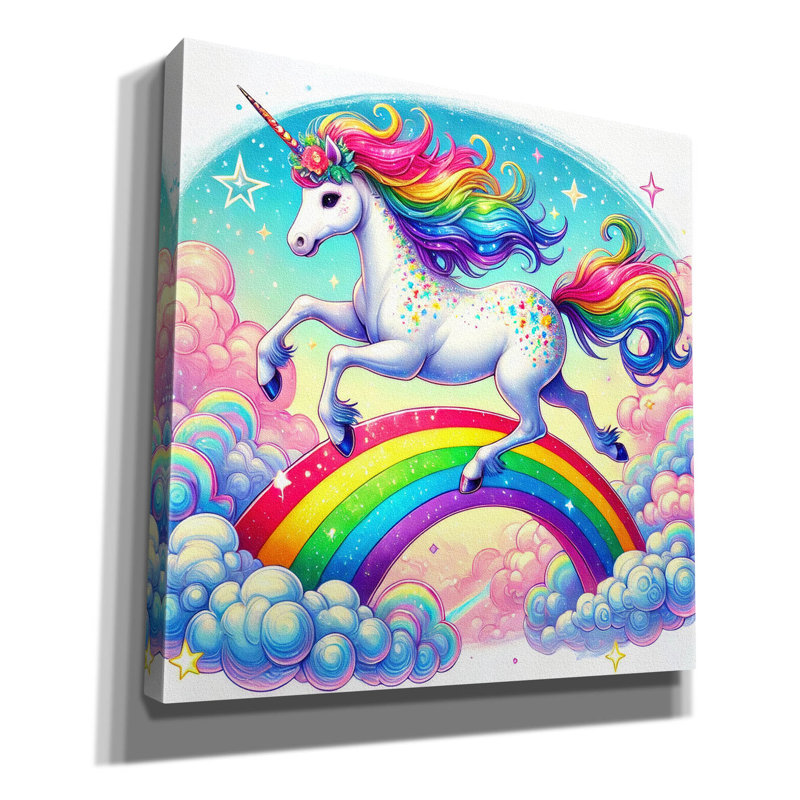 «Epic Graffiti» «Unicorn Over Rainbow» par Rey Klimt, art mural sur toile, 37 po x 37 po
