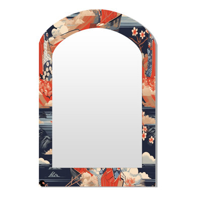 Ukiyo Japanese Woman In Retro Waves I - Woman Unique Shape Unique Mirror, Red Freeform Large Wall Mirror, Printed Metal Art