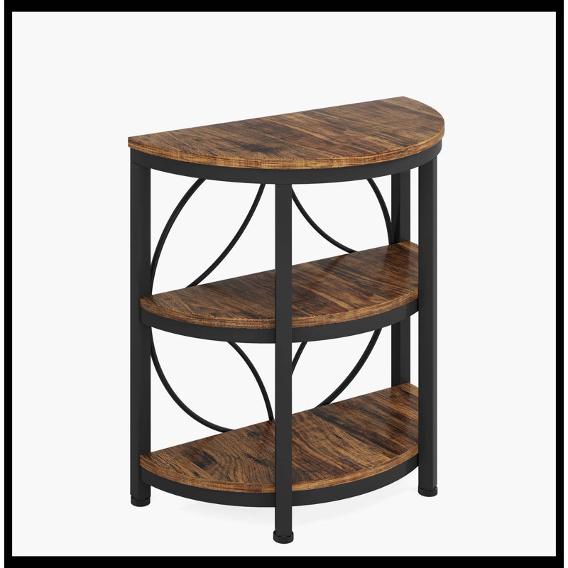 Table de bout demi-ronde, table d'appoint étroite à 3 niveaux avec structure en métal, Brun