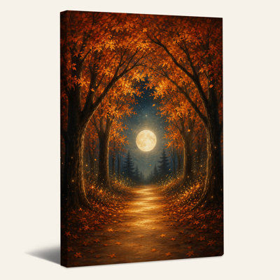 Art sur toile orange, arbres d'automne orange encadrant la pleine lune sur forêt