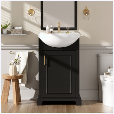 Meuble-lavabo autoportant de 20 po de style français avec lavabo en céramique, porte à fermeture douce et lavabo en céramique bombé, noir