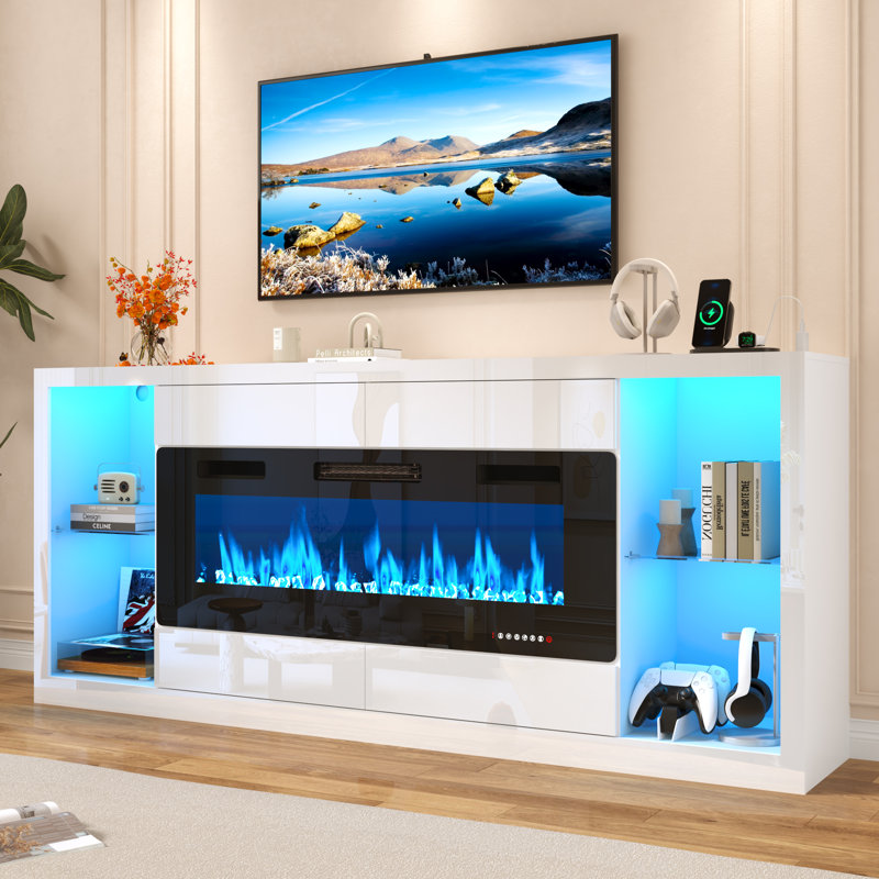 83" Fireplace TV Stand With Power Outlet, Large Media Console With 50" Fireplace, High Gloss Large Entertainment Center W/5000-Colors LED Lights & Drawers For Living Room, White