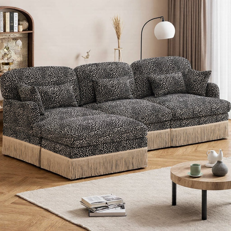 100" Modern Leopard Print Chenille L-Shaped Sofa, 3-Seater Sectional Sofa with Movable Ottoman, Delicate Tassel Edge, Ergonomic Deep Seat, Easy Assembly for Living Room