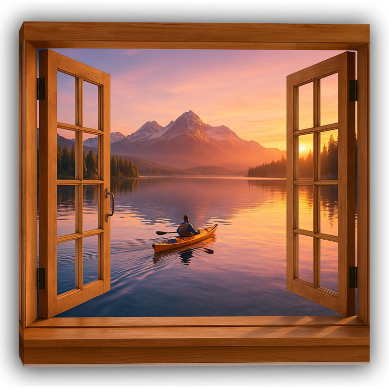 «Evening Paddle - Sunset Kayaker with Mountain View», art sur toile