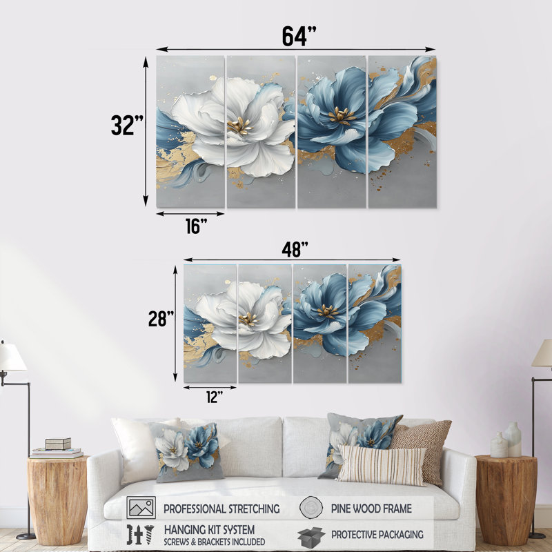 «Blue Velvet Blue Tulips River II - Tulips Wall Decor - Traditional Wall Art», 4 pièces, H 32 po x l 64 po