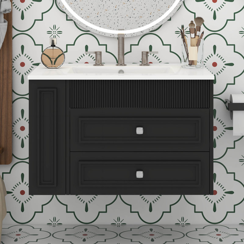 Meuble-lavabo mural 30 po, meuble-lavabo flottant avec lavabo en céramique, armoire de rangement avec 2 tiroirs, Noir