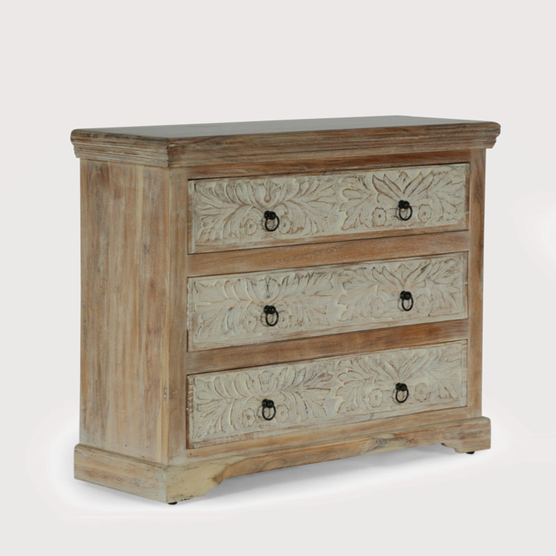 Commode à 3 tiroirs en bois d'acacia massif sculpté de 40 po Logston