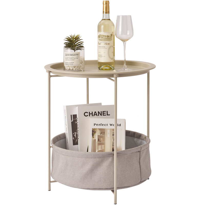 Deeley Small End Table with Storage Bag X-Shaped Cross-Leg Side Table Foldable Tray, Beige