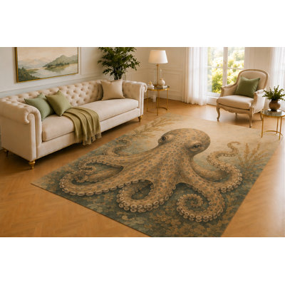 "Ultra Lightweight" 5'x7'  Octopus Rug, Detailed Sea Creature with Curling Tentacles, Soft Printed Floor Cover for Living Room, Bedroom, Office and Nautical Home Decor