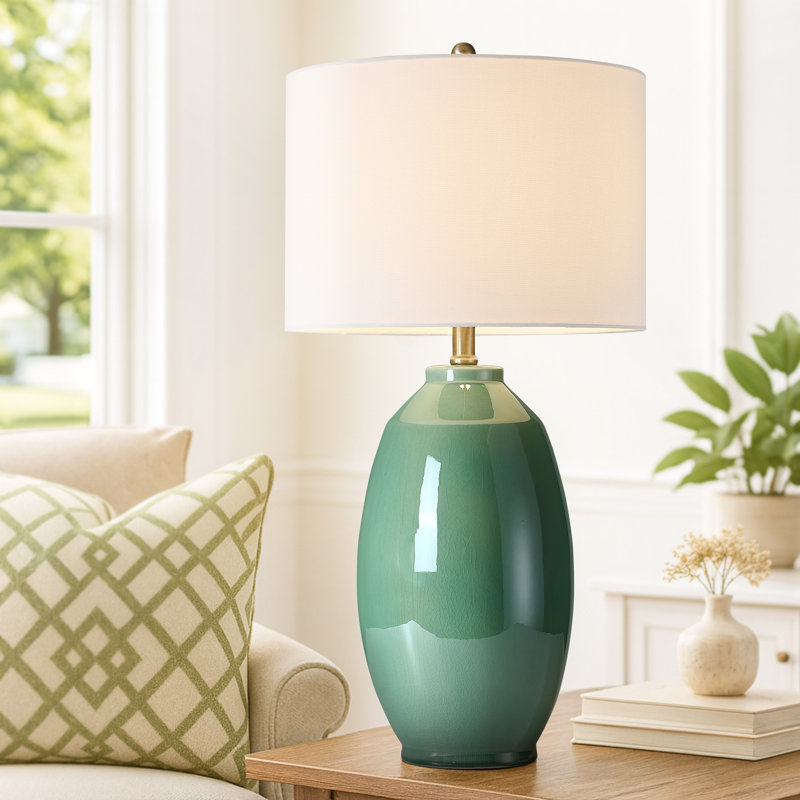 3-way Green Ceramic Table Lamp With White Drum Shade