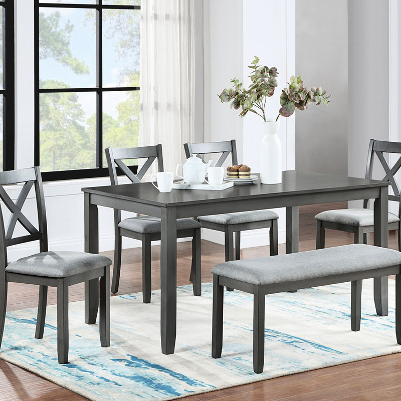 Table de salle à manger 6 en bois avec chaises et banc gris