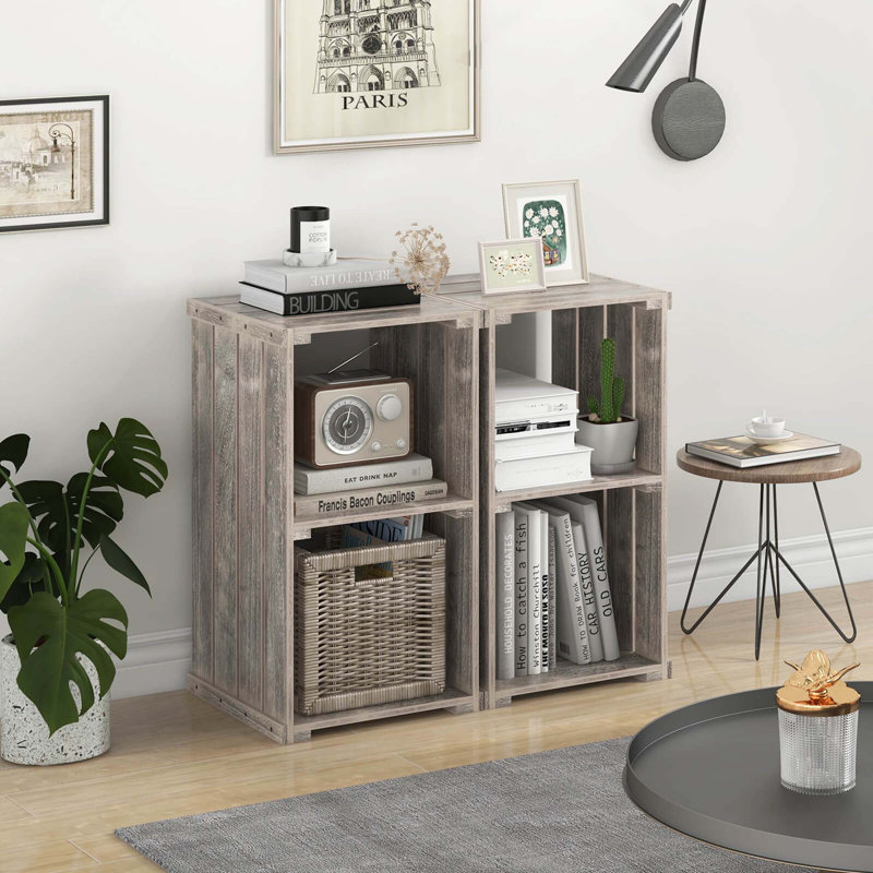  2 Pcs 2-cube Storage Shelf Slatted Paulownia Wood Cubic Organizer With Open Back , Brown