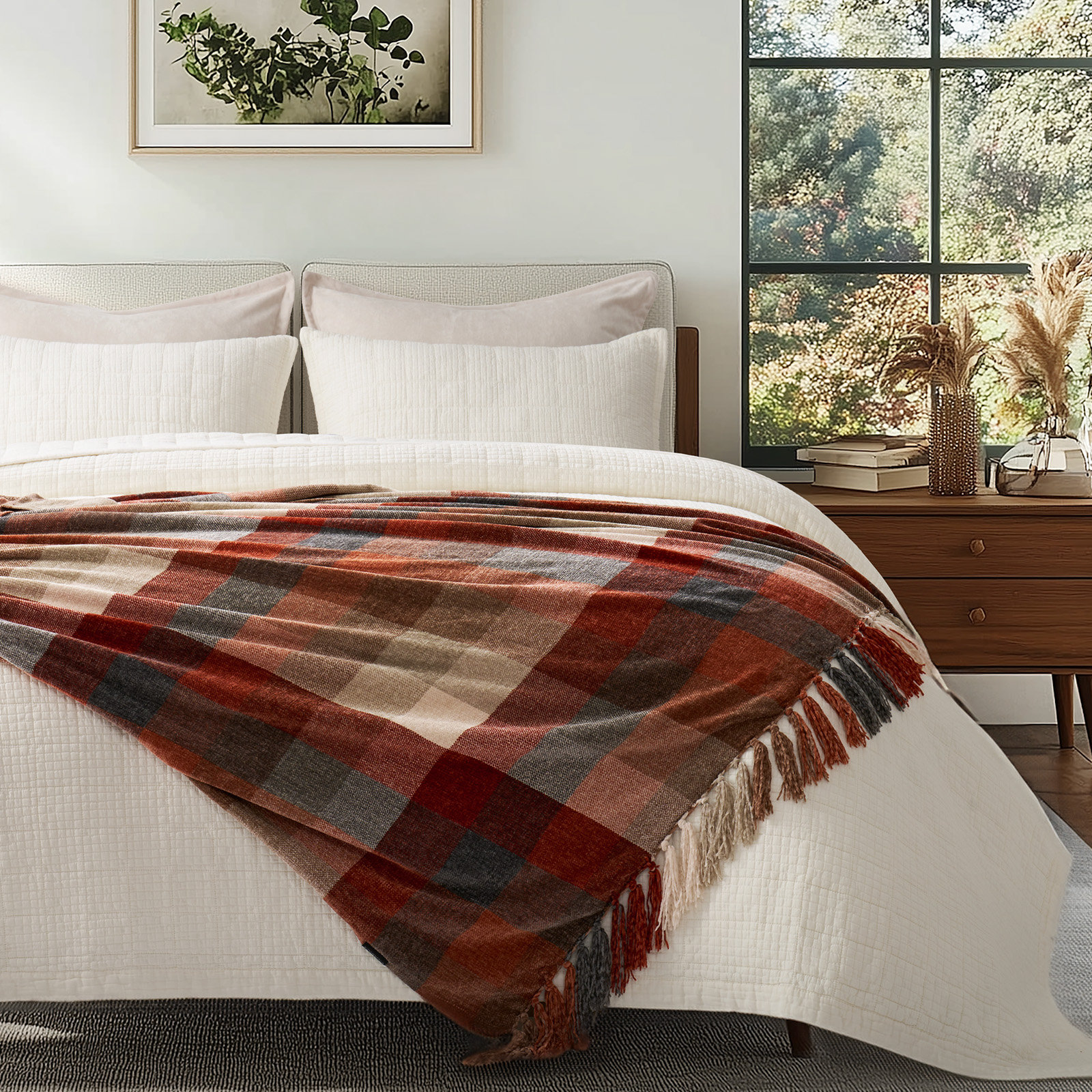 Soft Chenille Throw Blanket, 60" L x 50" W, Brown/Orange/Gray Plaid