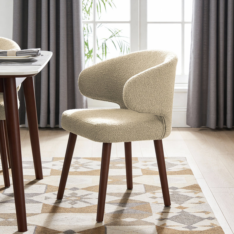 Modern Bouclé Upholstered Dining Chair with Curved Backrest and Solid Wood Legs, Khaki