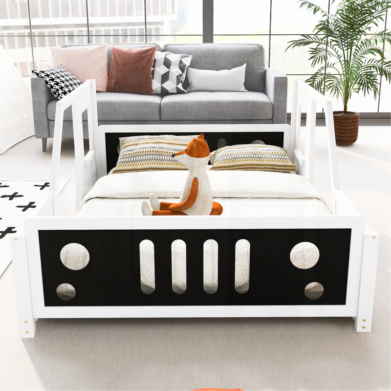 Lit plateforme double classique en forme de voiture avec roues, blanc