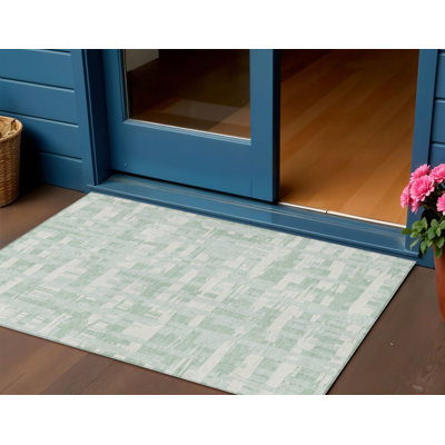 Tapis intérieur lavable rayé ivoire et turquoise pâle 3 pi x 5 pi