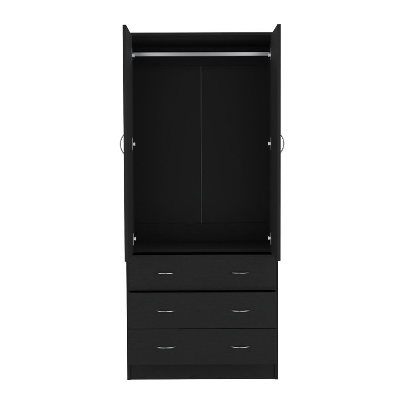  Armoire Aret avec tringle, trois tiroirs et rangement à double porte - wengé, Noir