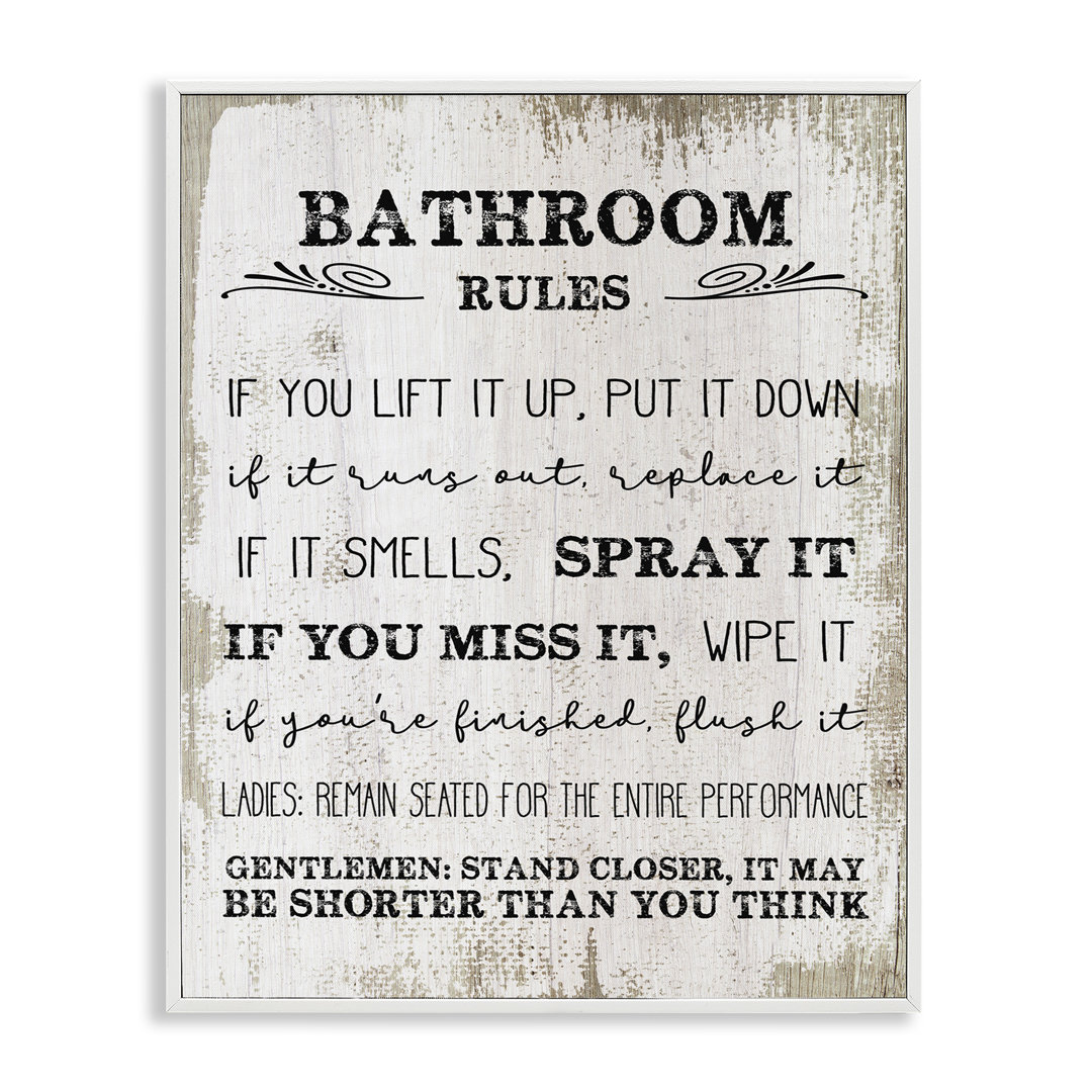 'Bathroom Rules Funny Word Wood Textured Design' Graphic Art on Canvas Winston Porter Frame 