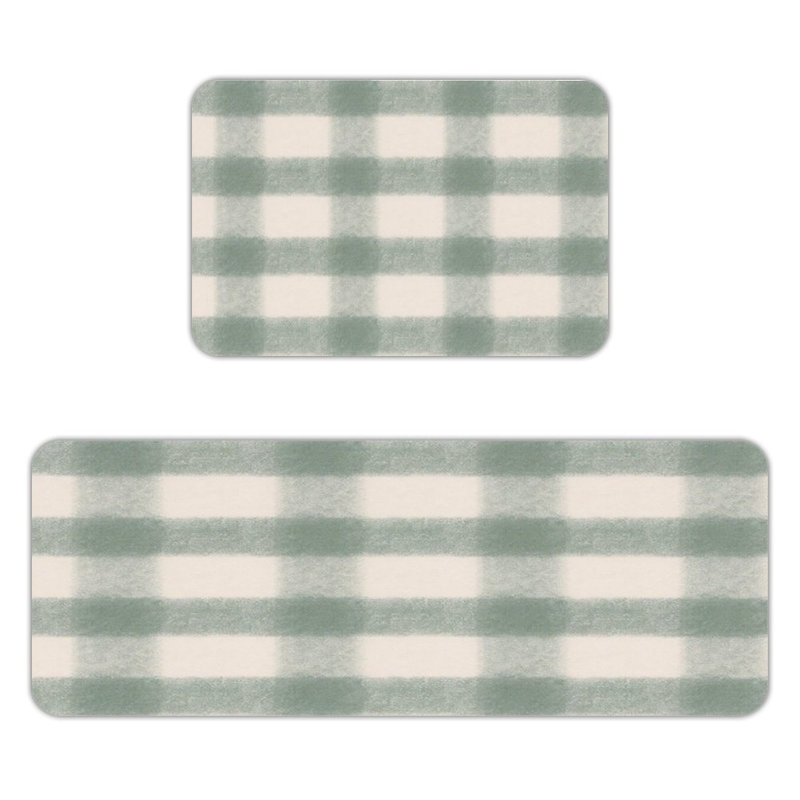 Soft Green Gingham, 2 Pcs Non Slip Kitchen Mats