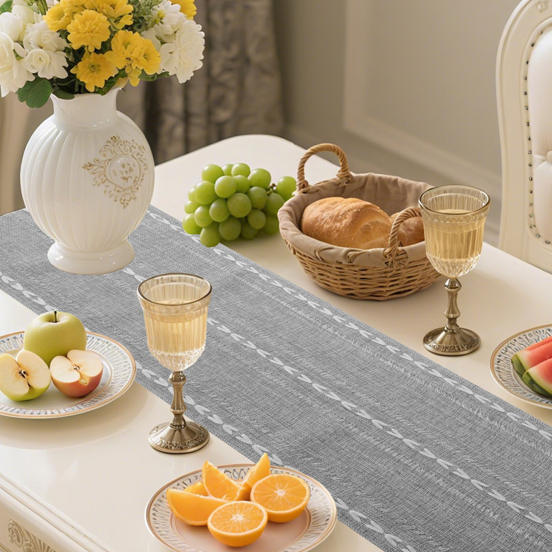Cotton Blend Hemstitched Embroidered Striped Table Runner With Tassels, 79" Rectangle, Gray