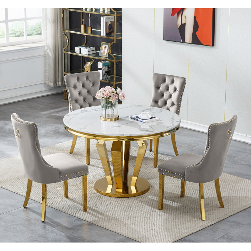 Round Dining Table Set, White Faux Marble Dining Table & Velvet Chairs with Stainless Steel Pedestal, 44.88" Dining Room Table and Chairs Set,  Circle Dining Table Set