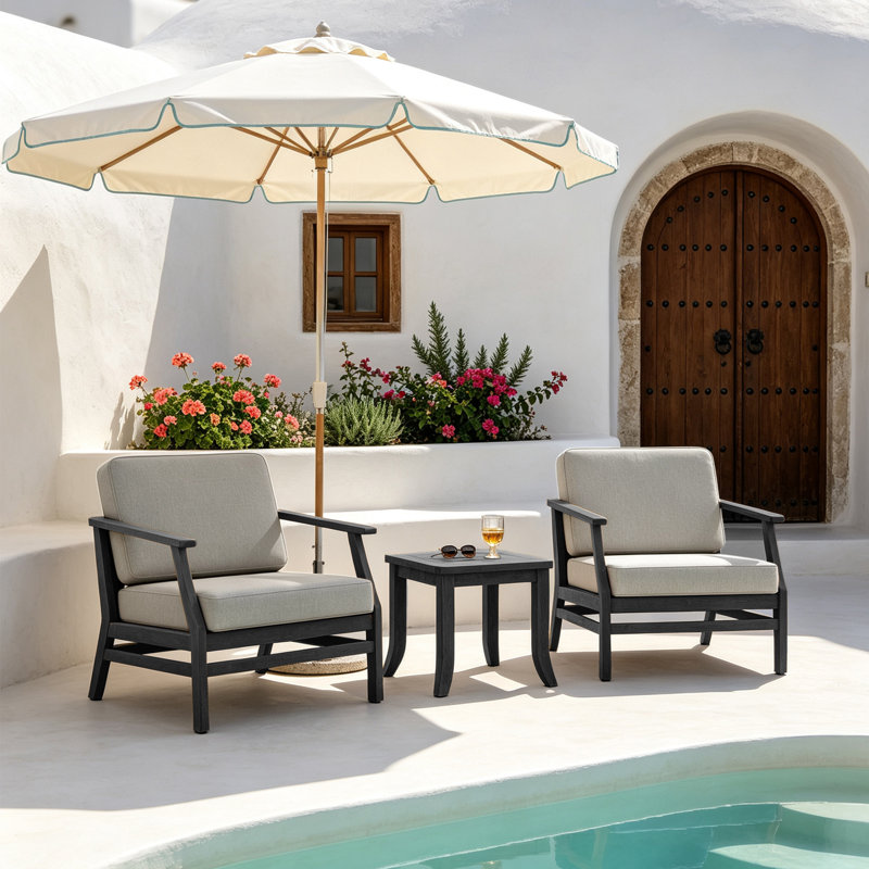 Ensemble de patio extérieur en teck pour deux personnes avec coussins et table d'appoint Polett, 3 pièces: 2 chaises, table