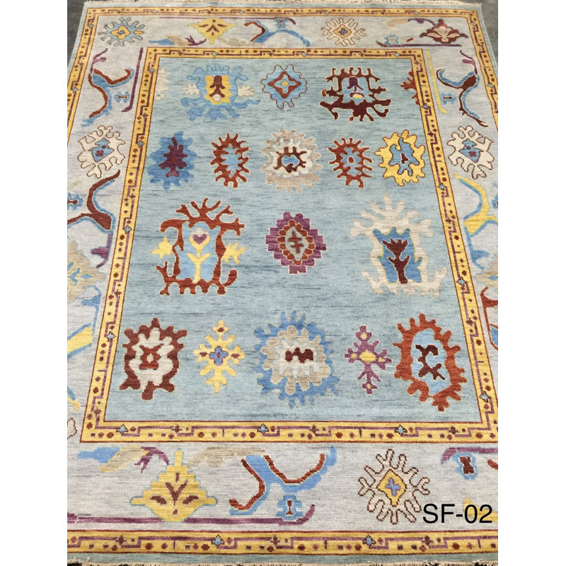 noué à la main en laine bleu Tapis décoratif, Rectangle 8 pi x 10 pi
