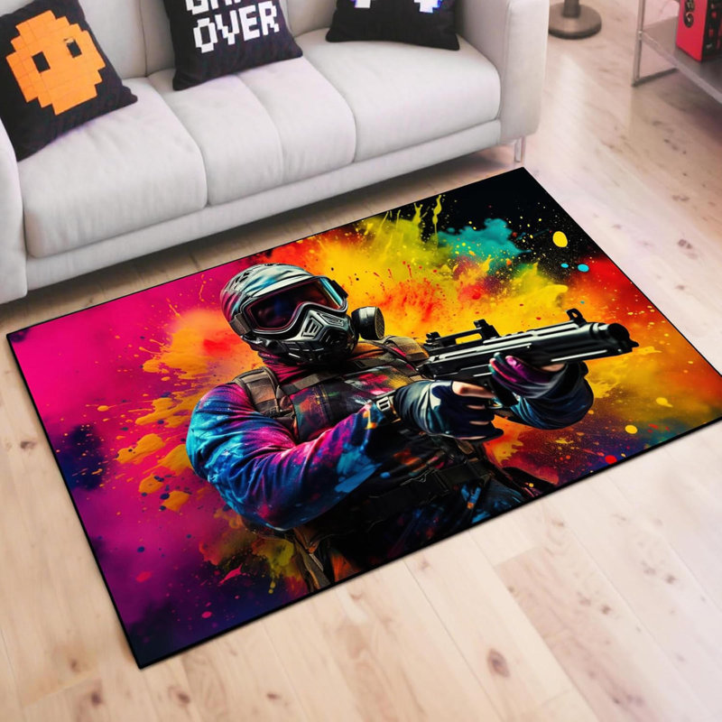 63" X 47" Dark Boom Shooting Battle Game Rug - Colorful Bomb War Design, Non-Slip Gaming Carpet For Bedroom Playroom Living Room