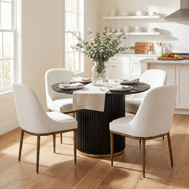 Urbina Modern 5-Piece Dining Table Set With Upholstered Chairs & Pedestal Base, Beige/Forged Brass