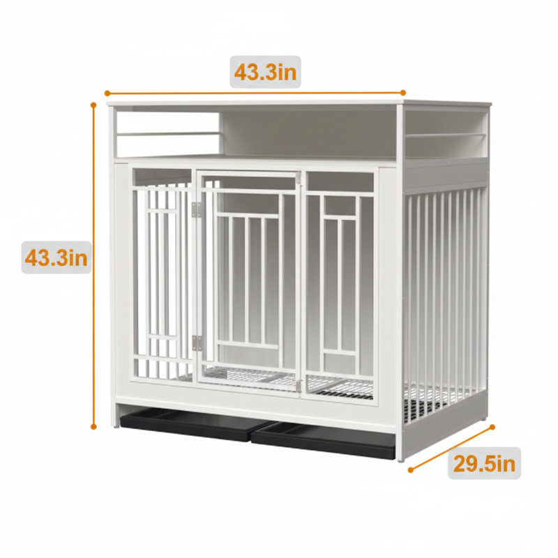 Meuble pour chien blanc de 43,3 po pour grands chiens, avec cloison réglable, deux portes et trois tiroirs intégrés pour le rangement - Conception robuste
