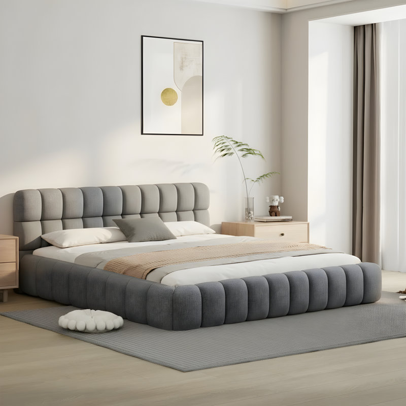 Élégant très grand lit plateforme en lin avec tête de lit tapissier et structure solide, gris, Très grand