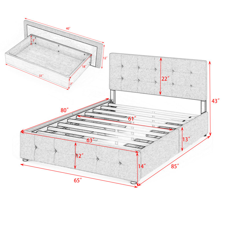 Upholstered Platform Storage Bed, Dark Gray
