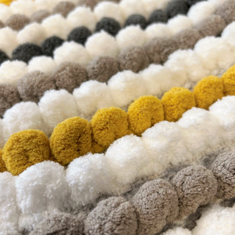 Two Piece Striped Bobble Bath Mat and Pedestal Mat Set, Grey/Yellow