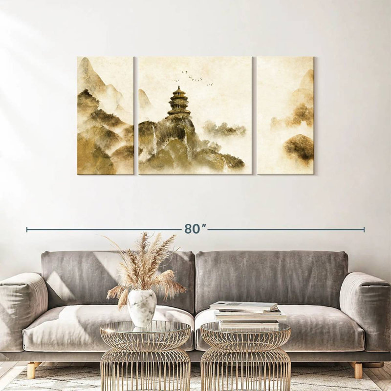 «Asian Architecture Mountain», reproduction d'art sur toile 3 pièces, H 28 po x l 58 po x P 1,25 po