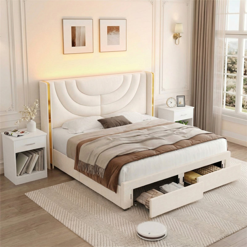 Ensemble de chambre à coucher 3 pièces, lit tapissier à lumière ambiante avec 2 tiroirs et 2 tables de chevet classiques
