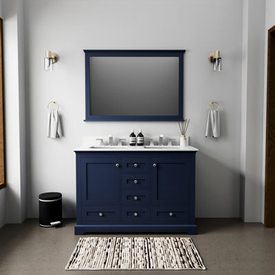Bleu marine 48 po W Double meuble-lavabo avec surface en quartz blanc, miroir 46 po, système de tiroirs à fermeture douce, et grande capacité de rangement bleu, l, meuble-lavabo, plateau, solution