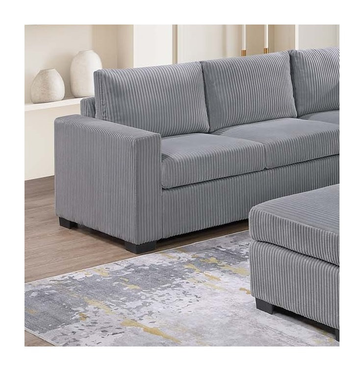 Ensemble de canapé-lit modulaire moderne et fonctionnel en velours côtelé gris clair avec repose-pieds et salon