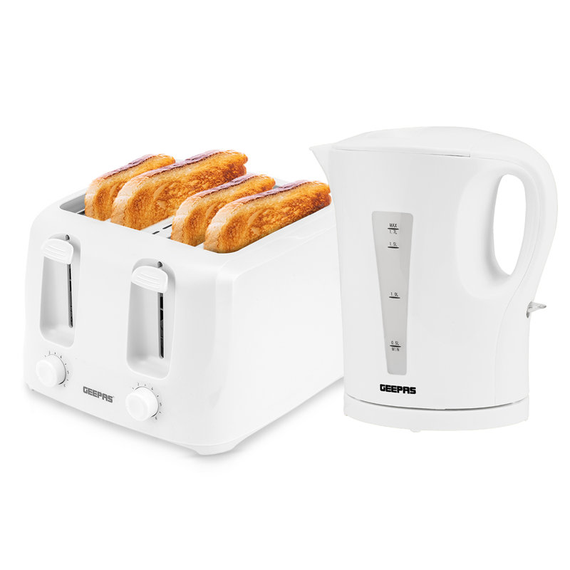 GEEPAS 1.7L Electric Kettle & 4 Slice Bread Toaster Kitchen Combo Set | 2200W Cordless Jug Kettle Auto Shut-Off | 1400W Toastie Machine 6 Browning Level Removable Crumb Tray | 2 Year Warranty