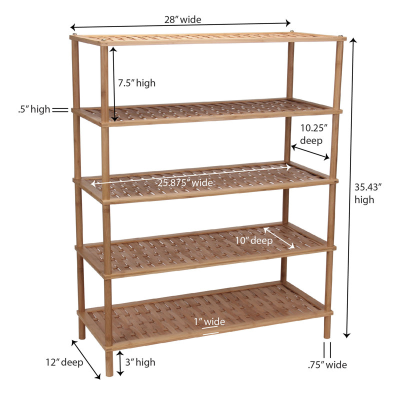 Lightweight Bamboo 5-Tier Shoe Rack with Basket Weave Shelves