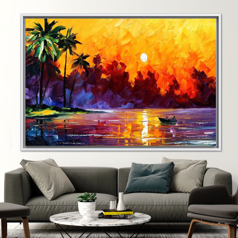 «Vibrant Summer Beach Scene», affiche sur toile pour la maison, H 45 po x l 65 po, Cadre flottant blanc