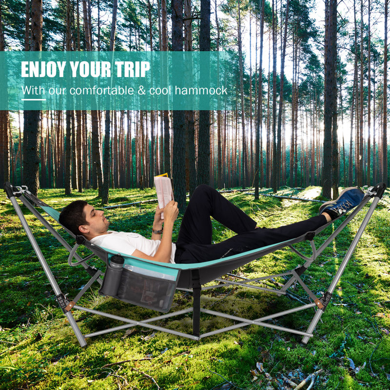 Turquoise Folding Hammock with Iron Stand and Side Pocket