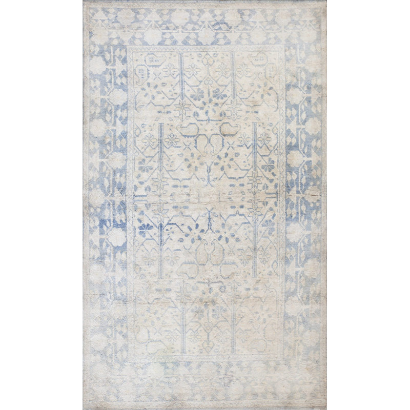 Washed Out Light Blue and While Antique Indian Agra Cotton Rug
